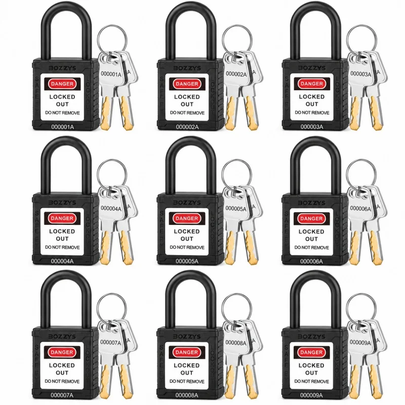 BOZZYS Black LOTO Insulated Safety Padlock, Keyed Different, 2 Keys Per Lock, Non-Conductive Shackle for Electrical Maintenance