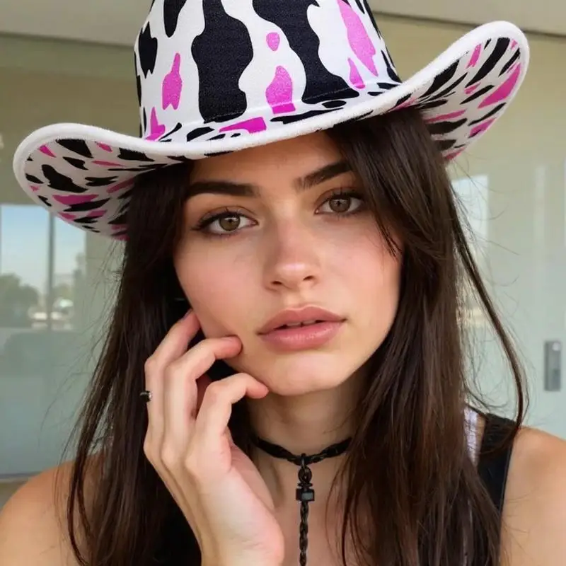 

31BB Western Theme Top Hat with Cow Pattern Print Adjustable Neckstrap Wide Brims Hat For Women Dressingup Accessories
