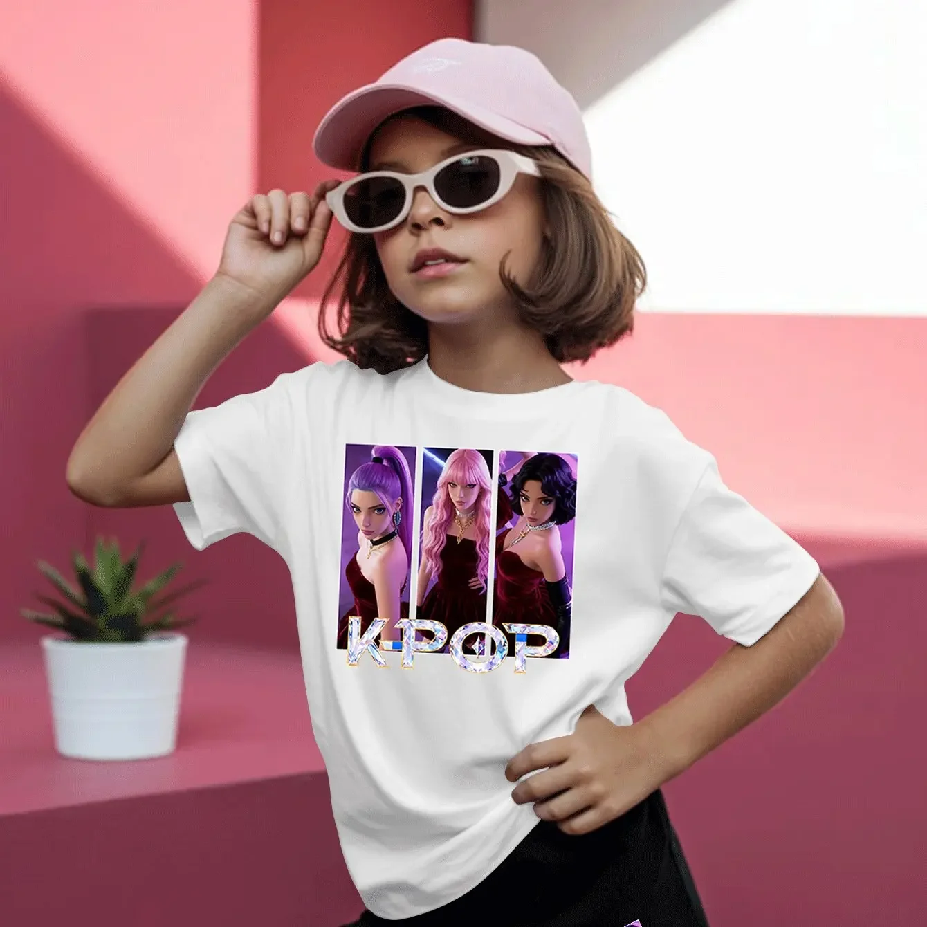 Conjunto de 2 piezas de trajes inspirados en K-Pop para niñas: camiseta y pantalones cortos con estampado de iconos de cultura pop coreana con personajes de K-Drama