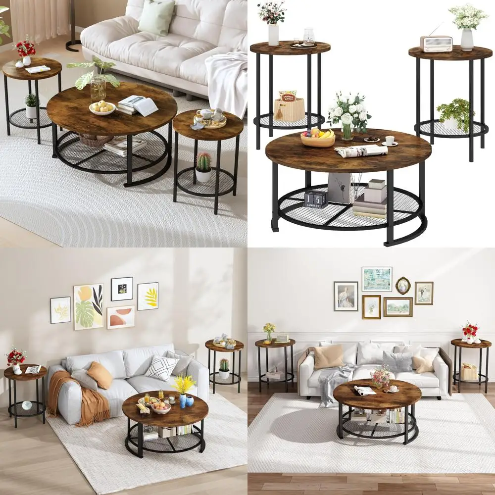 Modern 3-Piece Living Room Coffee and End Table Set with Round Design and Ample Storage