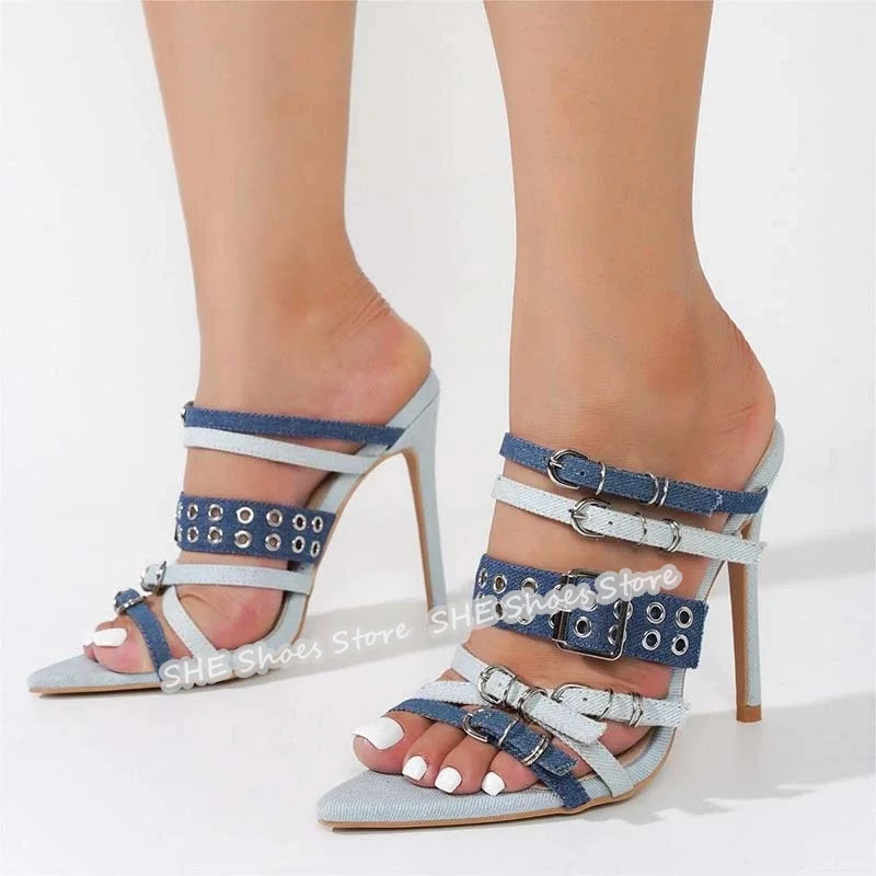 

Summer Belt Buckle Rivet High Heel Women Sandals Mixed Color Narrow Band Pointed Toe Stiletto Pumps Ladies Dress Gladiator Shoes