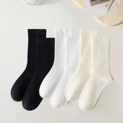 3/5Pairs Women Long Socks Solid Color Knitting Loose Mid Crew Middle Tube Ankle Breathable Calcetines Spring Autumn  Black White