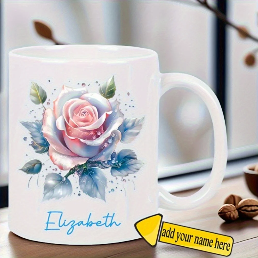 Custom Name Colorful Rose Pattern Ceramic Coffee Mug Custom Definition Text Reusable Thermal Gift for Mom Birthday