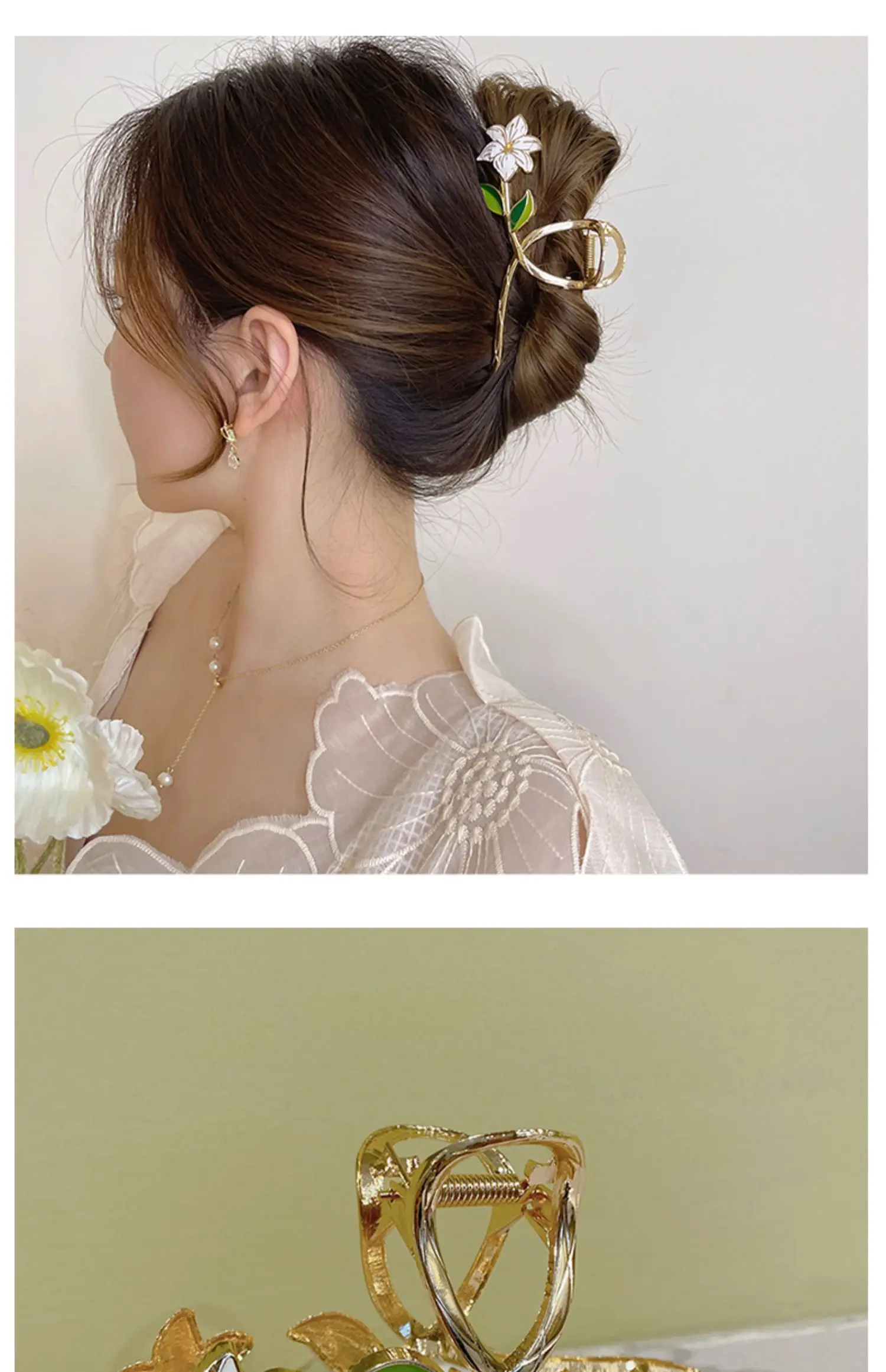 Neue Damen-Haarspange aus Metall, elegante goldene Blumen-Haarspangen, Haarklammer, Krabben-Haarband, Pferdeschwanz-Clip, Kopfschmuck, Haaraccessoires, Tiara – Detail 11