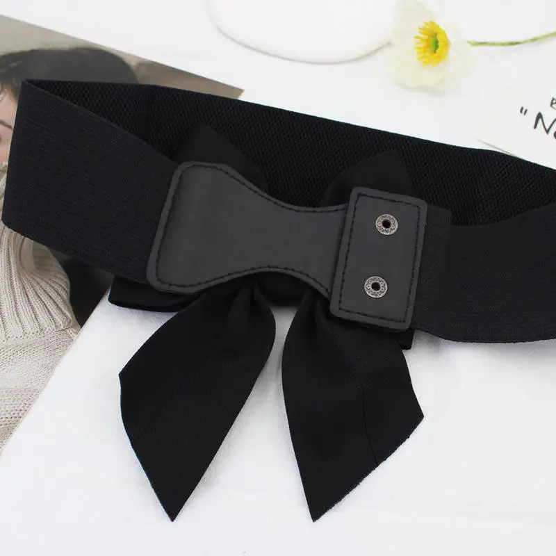 Women's Bow Waistband Versatile Sweet Pure Cotton Fabric Bow Elastic Belt Elastic Broadband Dress Decoration