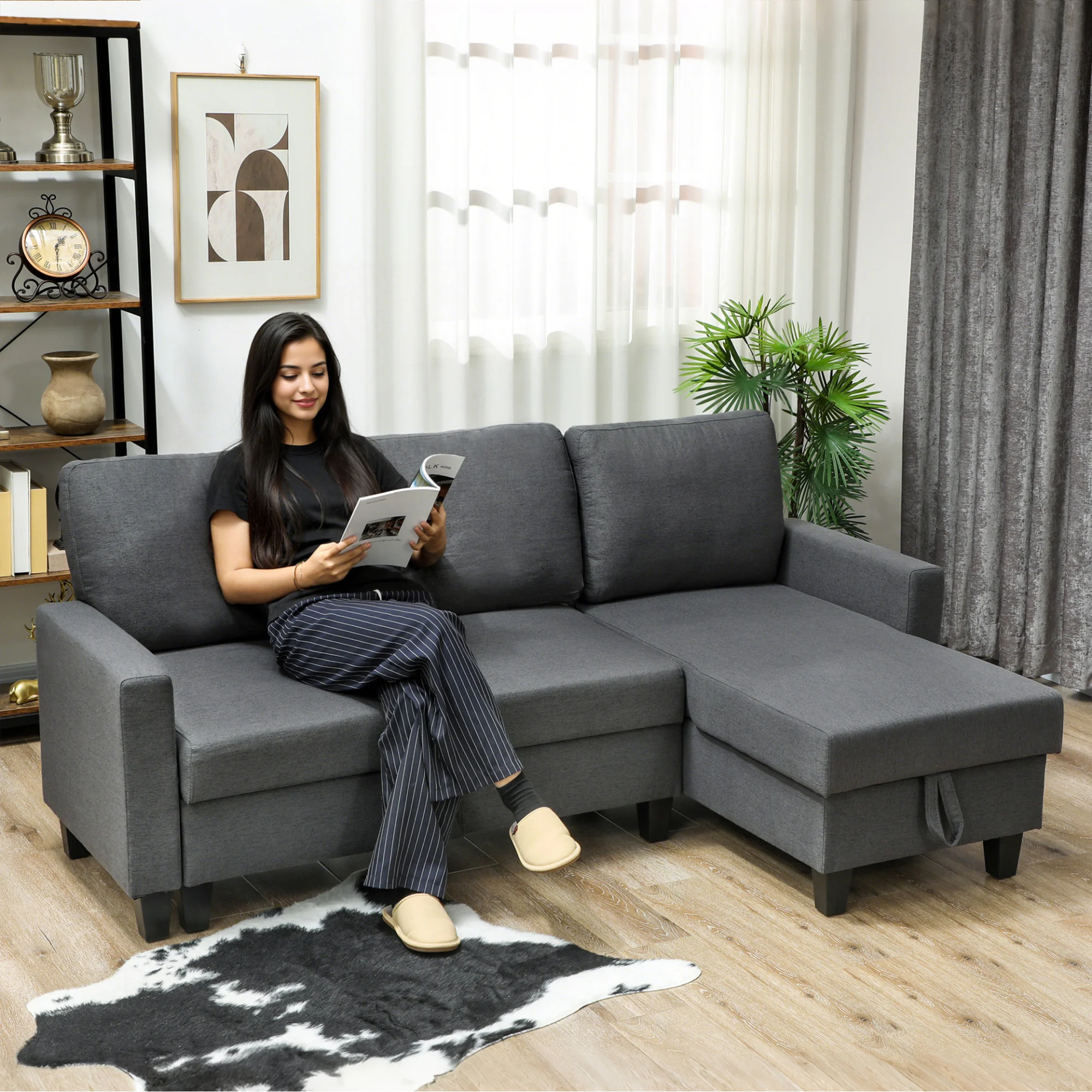 HOMCOM Ecksofa mit Schlaffunktion L-Form 3-Sitzer Sofa mit Bettkasten, Leinenoptik Ausziehbares Schlafsofa mit Verwandelbarer Chaiselongue für Wohnung, Wohnzimmer, Dunkelgrau
