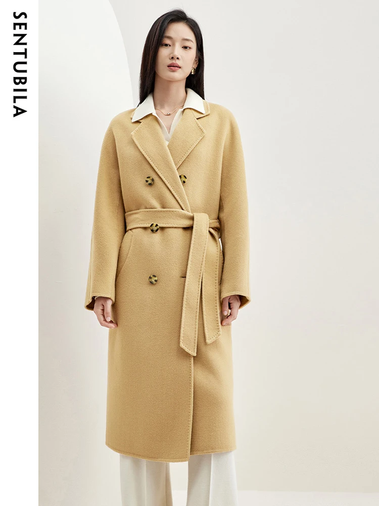 

SENTUBILA Women's 100% Wool Double Sided Woolen Coat 2024 Winter Fashion Double Breasted Wool Coats Autumn with Belt W34O49252