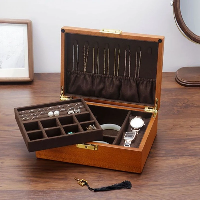Solid Wood Jewelry Storage Box Lockable Jewelry Organizer Case Vintage Necklace Ring Boxes Large Woman Earrings Bracelet Cases