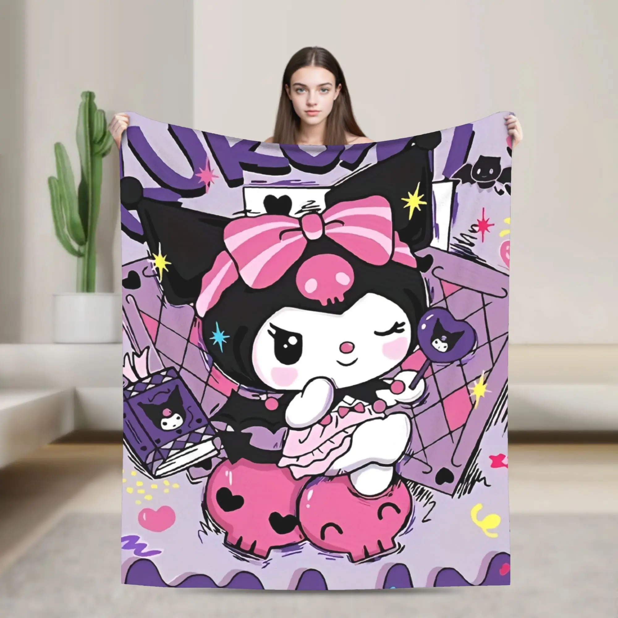 

Вязаное одеяло с героями мультфильмов Kuromi, фланелевое одеяло, украшение для спальни, дивана, ультра-мягкое теплое покрывало