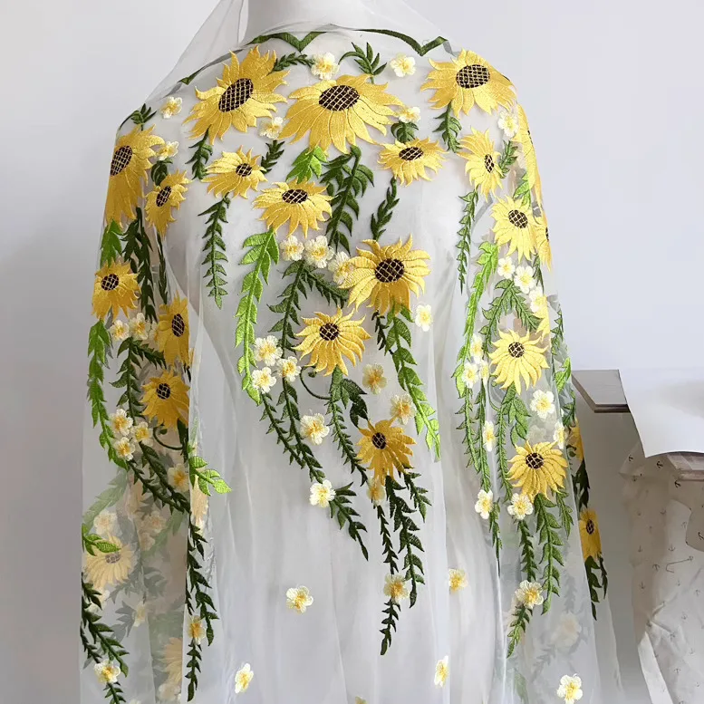 

1 ярд, сетчатая ткань с вышивкой золотого подсолнуха для одежды, свадебное платье Cheongsam, аксессуары для женского платья