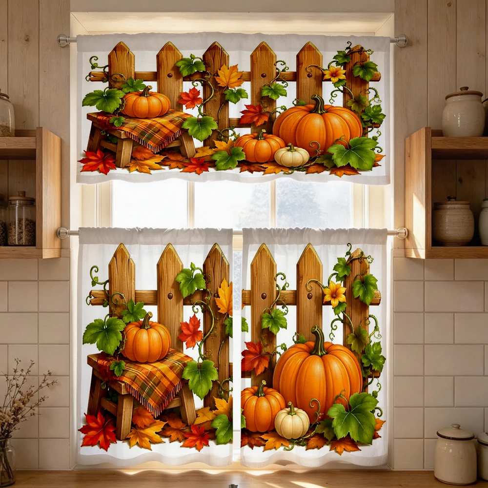 Thanksgiving Fall Kitchen Curtains, Pumpkin Fence, Digital Print, Kitchen Dining Room, Rod Pocket Polyester, Home Decor