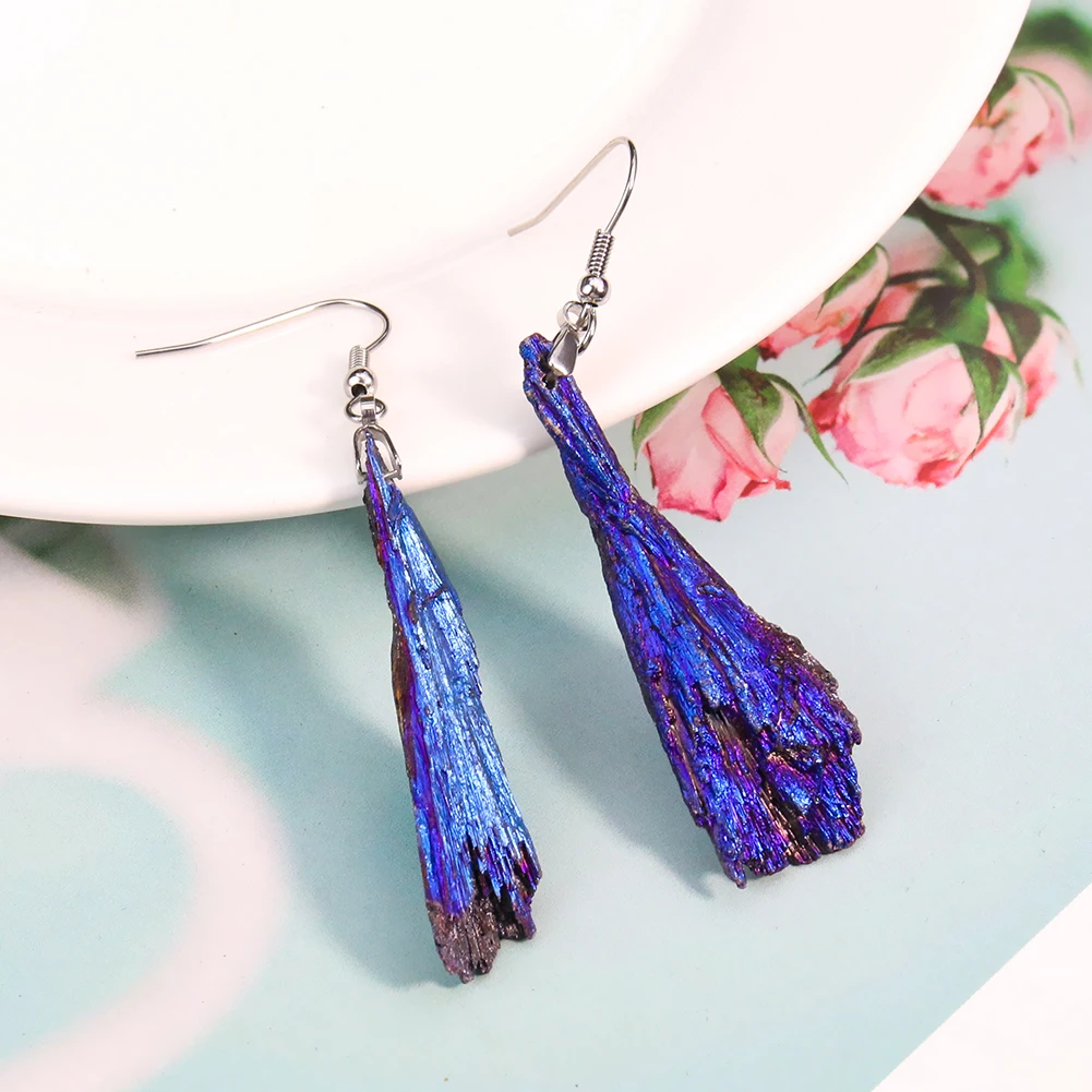 1 Pair Tourmaline Earrings Feather Stone Charms Unique Ear Hook Wand Dangle Blue Royalblue Mineral Bohemian Woman Jewelry Gift