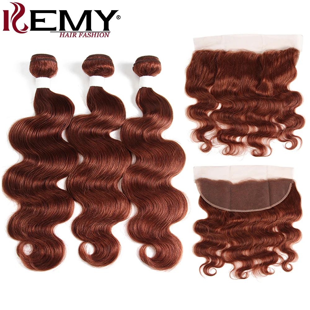 Tissage en Lot Brésilien Remy avec Closure, Extensions de Cheveux Humains, Body Wave, Brun Auburn, 100% Naturel