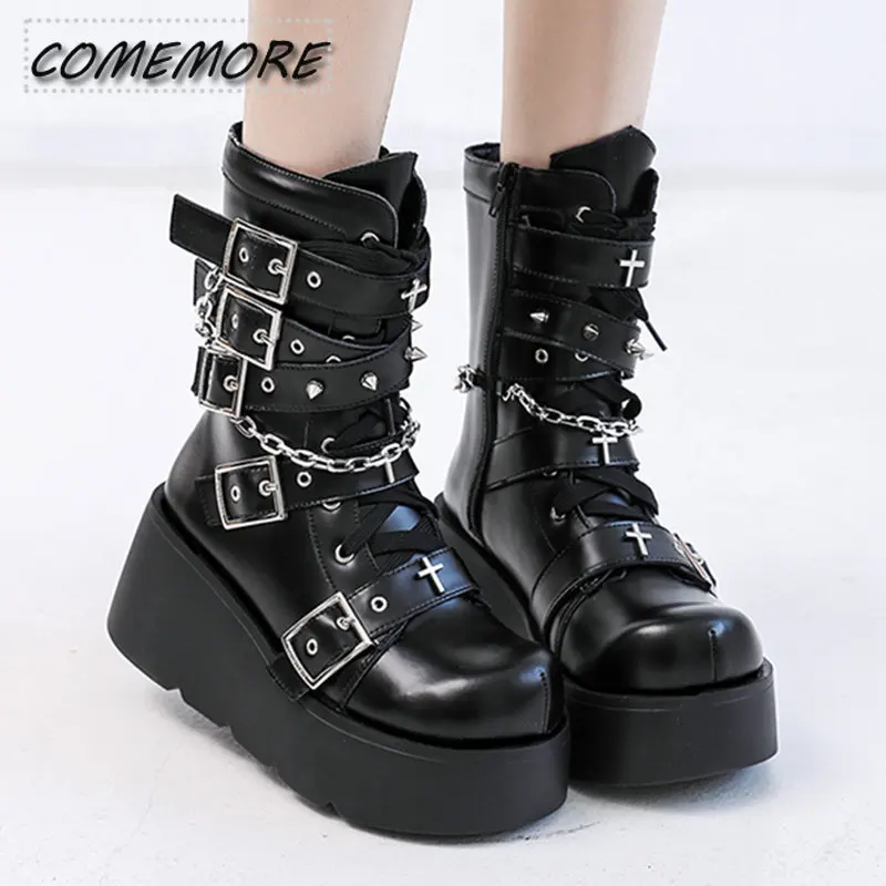 

Punk Metal Buckle Platfom Ankle Boots Women 2022 Autumn PU Leather Chunky Heels Gothic Shoes Woman Thick Bottom Motorcycle Botas