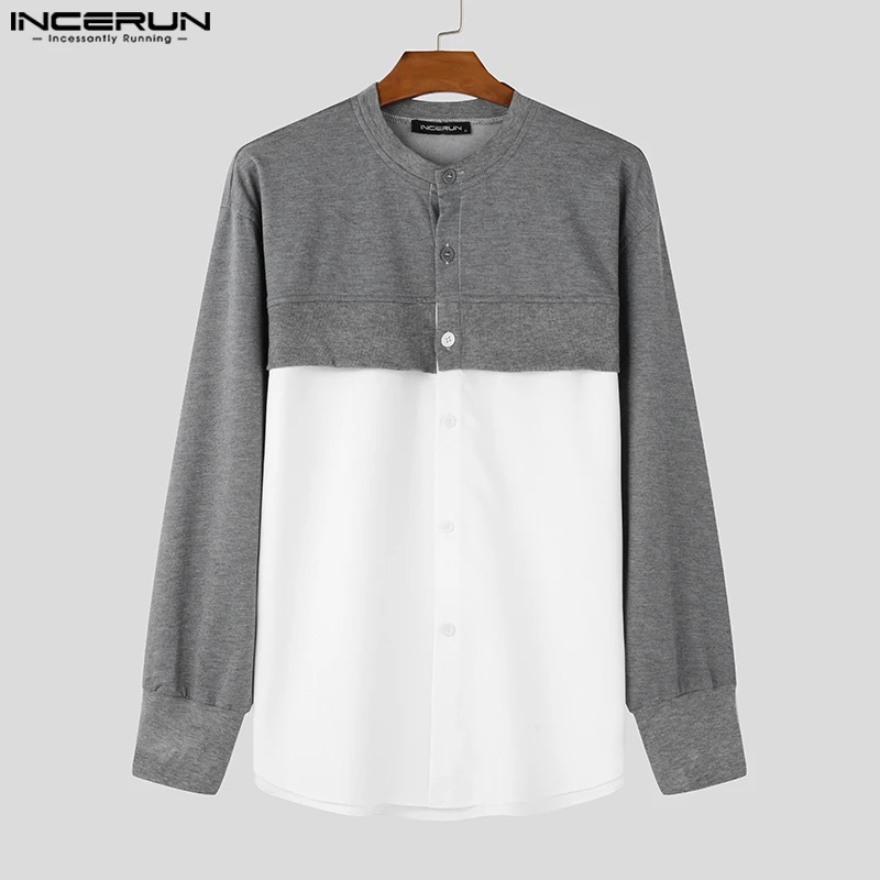 INCERUN, camisas informales de manga larga para hombre, diseño falso de dos piezas, Tops con cuello levantado Harajuku, botones de bloques de colores, blusa elegante de moda