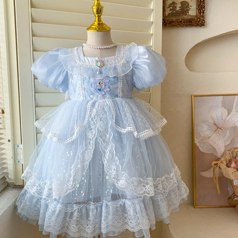 HoneyCherry Adorable Short-sleeved Lolita Princess Dress for Girls. New Solid-color Dress with Lace and Sequins Puffy Dress