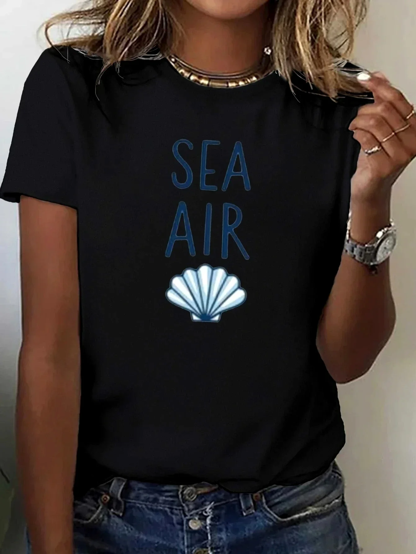 2025 nuovo mare manica casual girocollo top con vibrazioni estive mare aria sole donna con grafica abbigliamento casual alla moda vintage