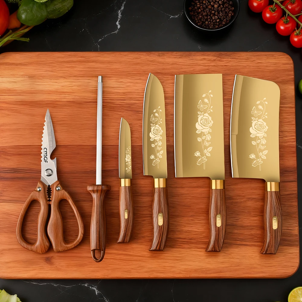 Küchenmesser für den Haushalt, Titan-Goldenes Kochmesser, Küchenmesser mit hoher Härte, Fleischmesser, Gemüse- und Obstmesser, Küchenzubehör