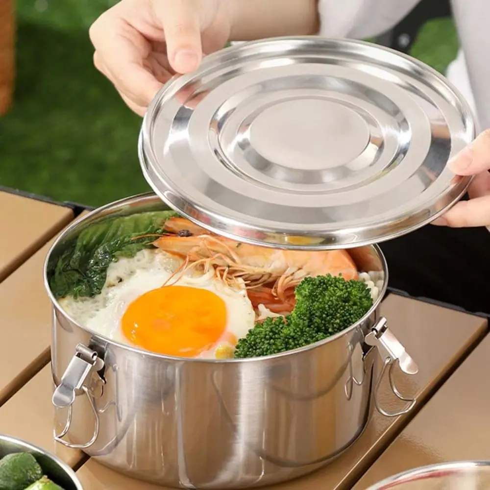 Household Round Korean Lunch Box with Buckle 304 Stainless Steel Food Storage Box Unbreakable Leakproof Lunch Container Camping