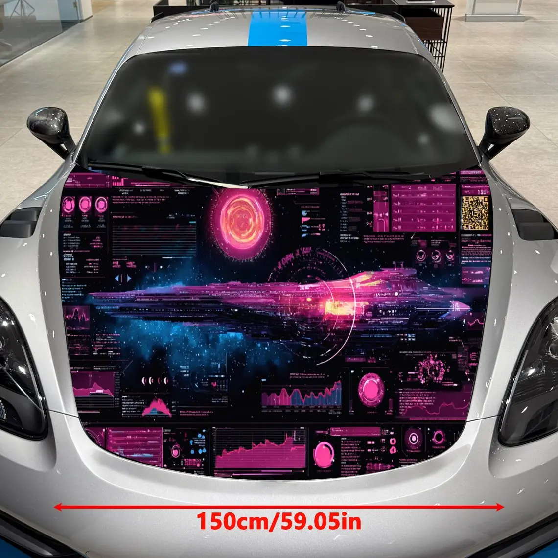 Cyber Pink-Purple Starship Console Car Vinyl Wrap, PVC Material Waterproof Car Hood Sticker, Self-Adhesive Scratch-Resistant Sti