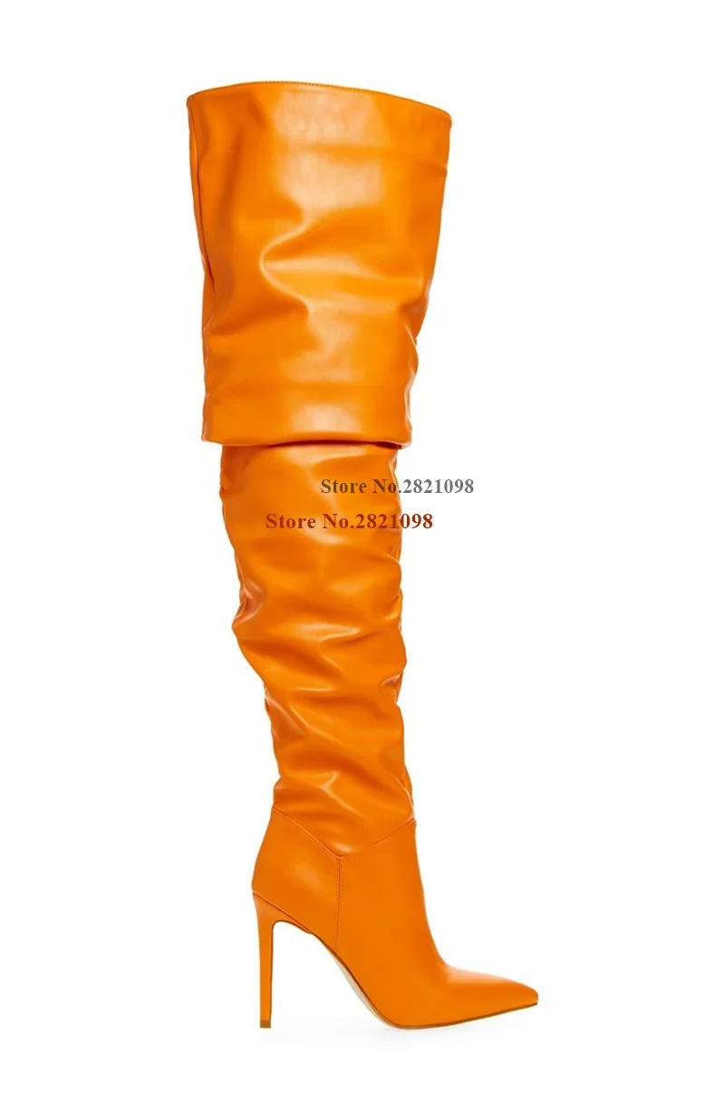 Slouch Pointed Toe Over The Knee Boot In Orange Leather Pointy Thin High Heel Thigh High Boot Woman Wide Shafts Shoes