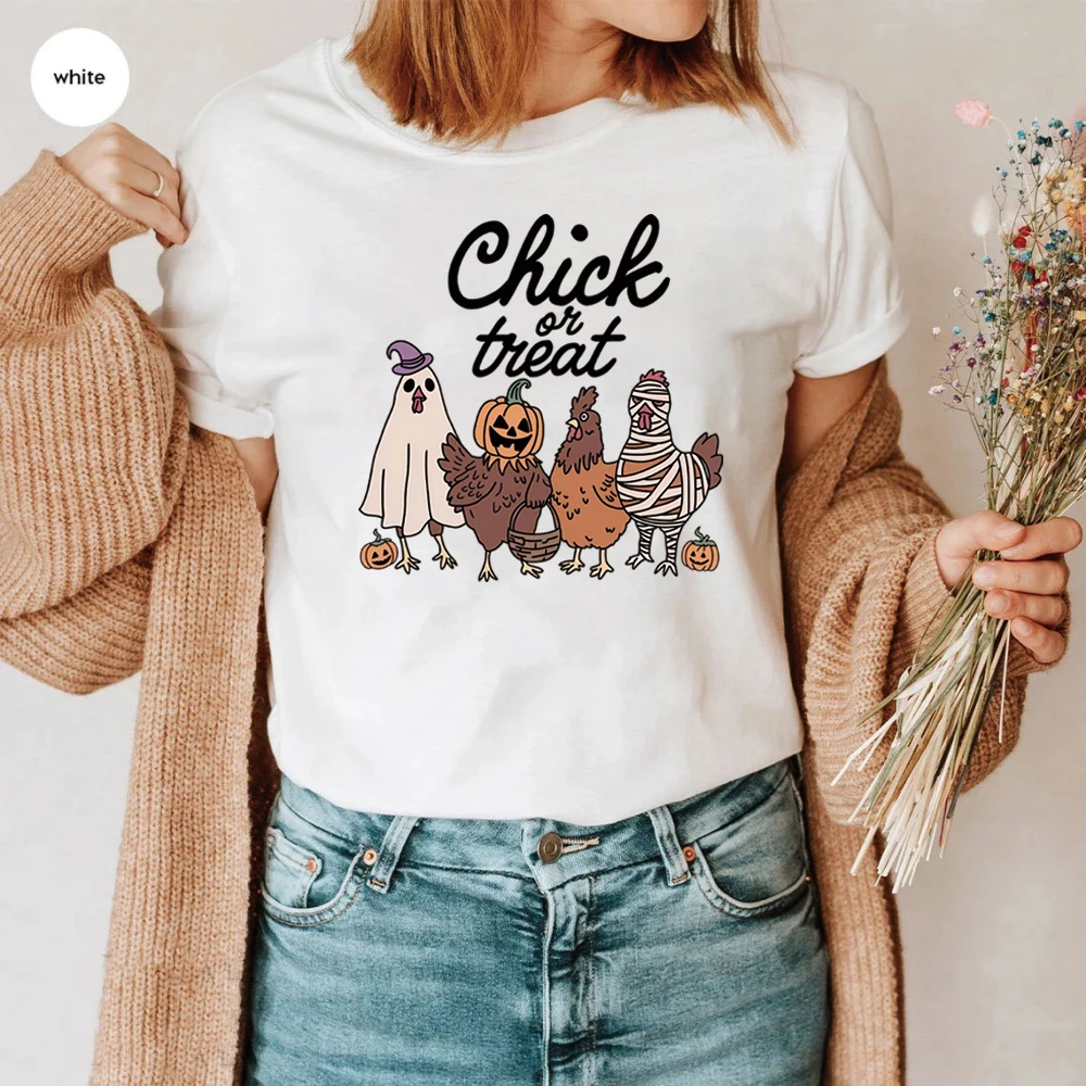 Halloween Chick or Treat T-shirt Halloween Chicken Shirt Funny Ghost Chicken Tee Unisex Short Sleeve Tops Chicken Lovers Gift