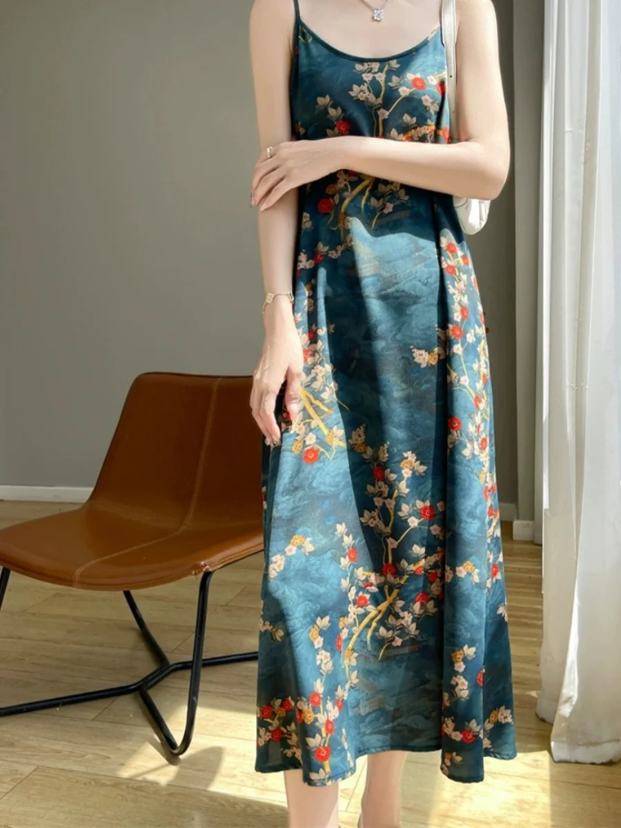 Retro Chinese Sle Floral Print One-oulder Strapl A-Line Dr Summer Bal Commute Casual High Waist Long Skirt