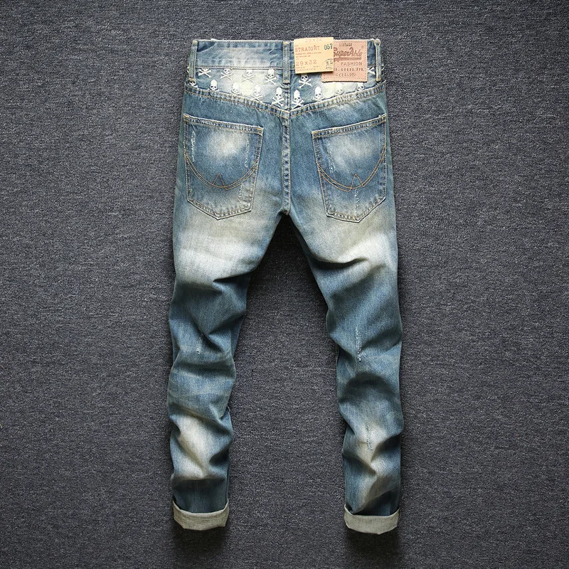 Fashion Vintage Men Jeans High Quality Retro Blue Straight Patched Ripped Jeans Men Skull Embroidery Designer Denim Pants Hombre