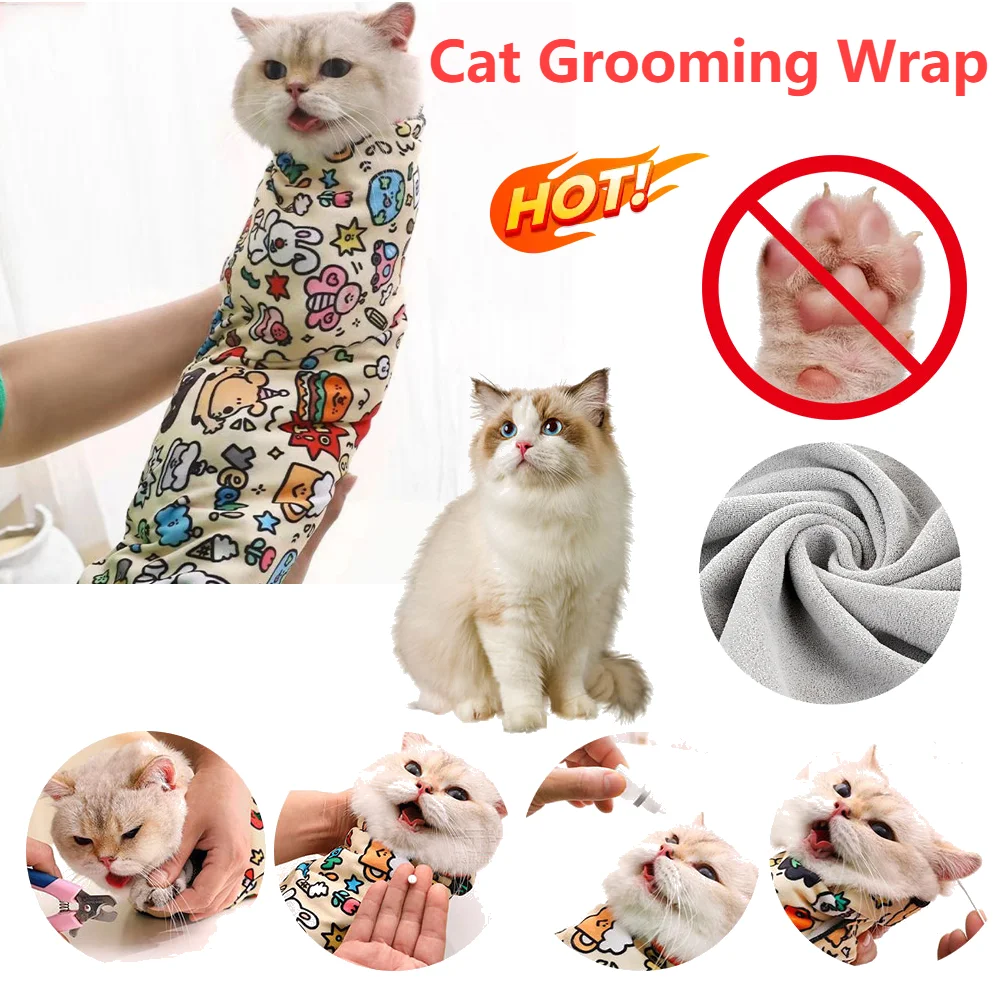 Cat Grooming Wrap Self-Adherent Cat Restraint Wrap Anti-Scratch Cat Swaddle Burrito Wrap for Nail Trimming Cat Grooming Supplies