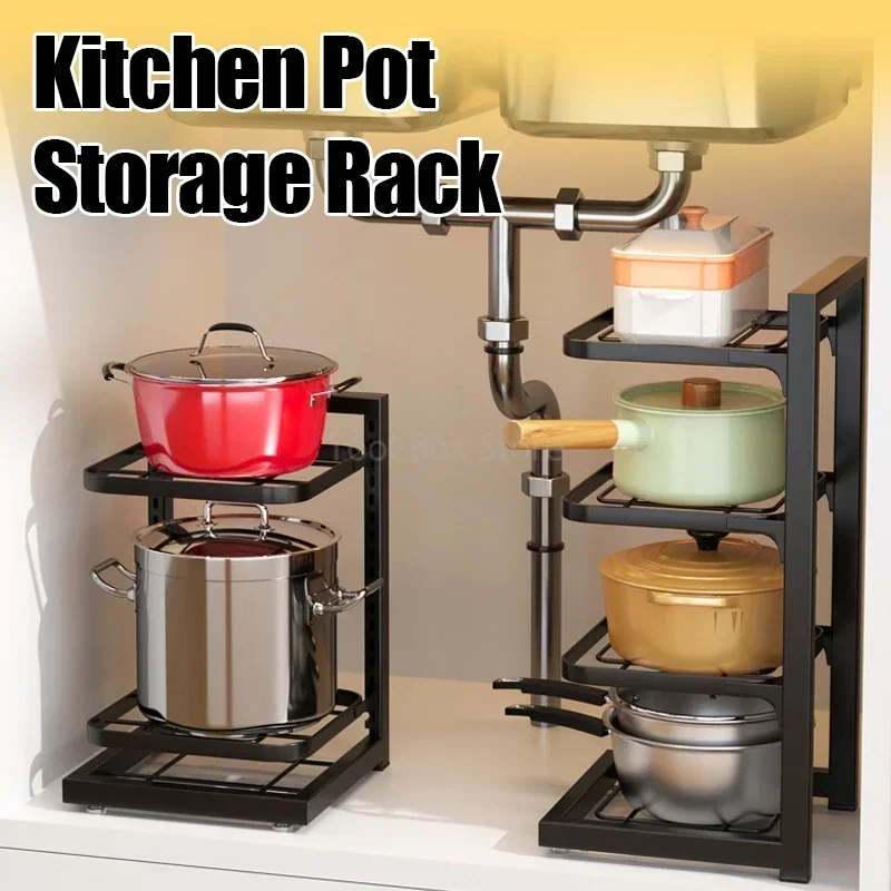 Kitchen Shelves Multi-Layer Pot Storage Rack,Adjustable Cabinet Under Sink Pan Rack, Holder Stainless Household Bowls Organize