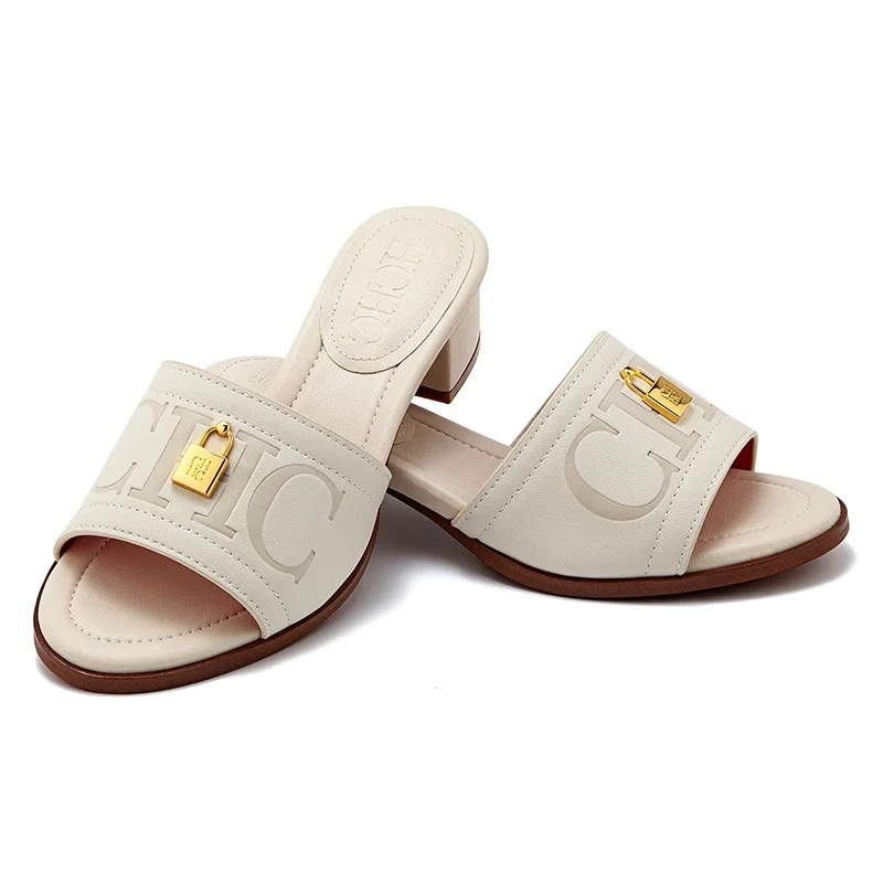 CH Fashion Monogram Print Elegant Design Women's Low Heeled Slippers Solid Color High Quality Metal Lock Simple Single Shoes