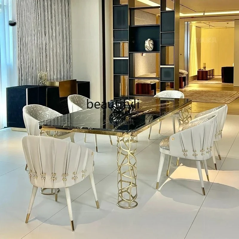 

Italian light luxury stainless steel dining table Household villa dining room Rectangle marble table4567