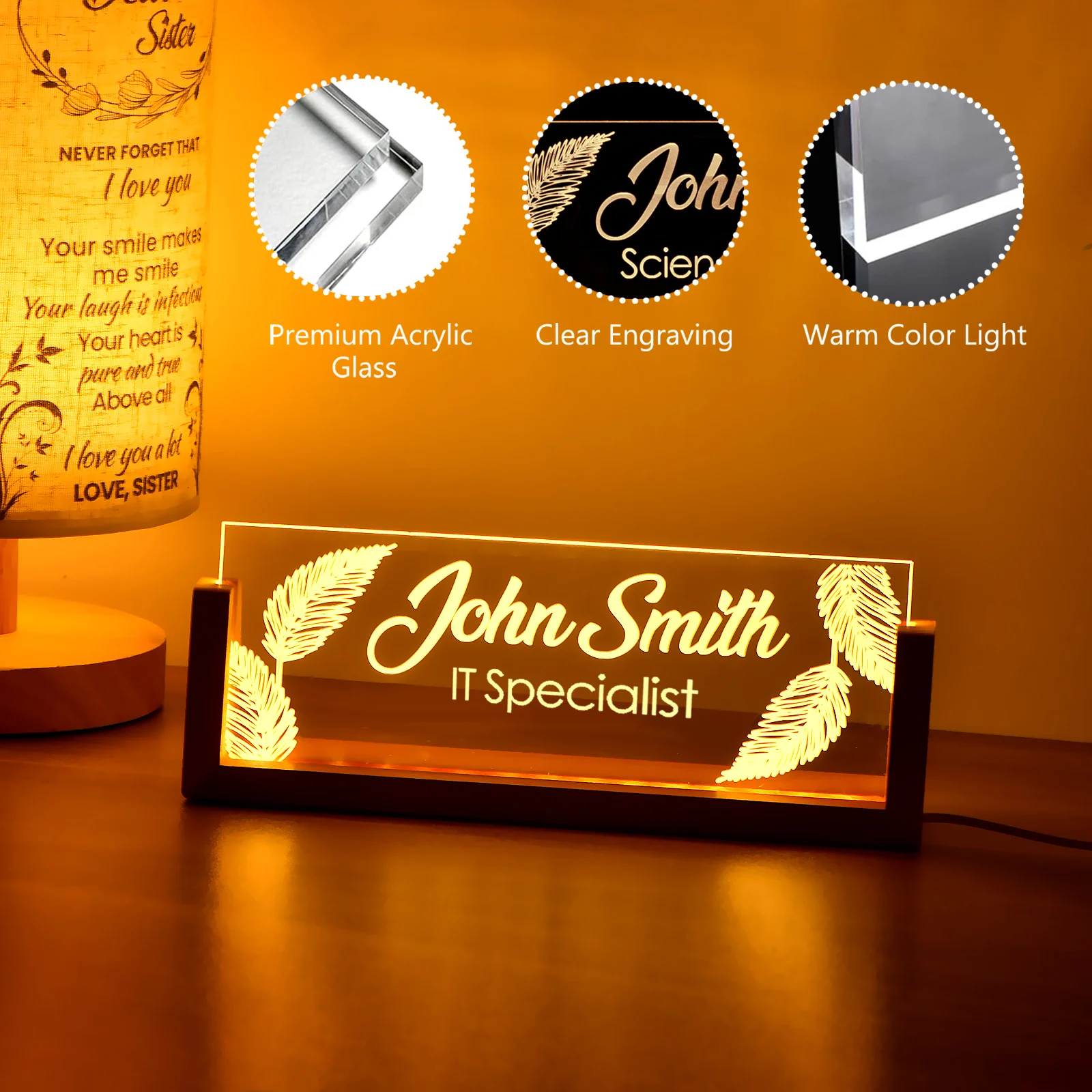 Personalized Desk Name Sign Plate with Wooden Base Lighted Acrylic Nameplate Office Desk Decor Gifts for Boss Teacher Coworkers