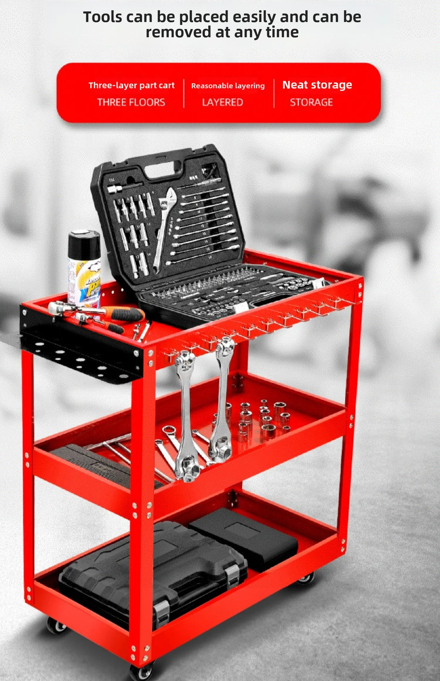 Multi-functional Hand Cart with Tool Box, Repair Shelf and Storage Cabinet for Auto Repair Workshops