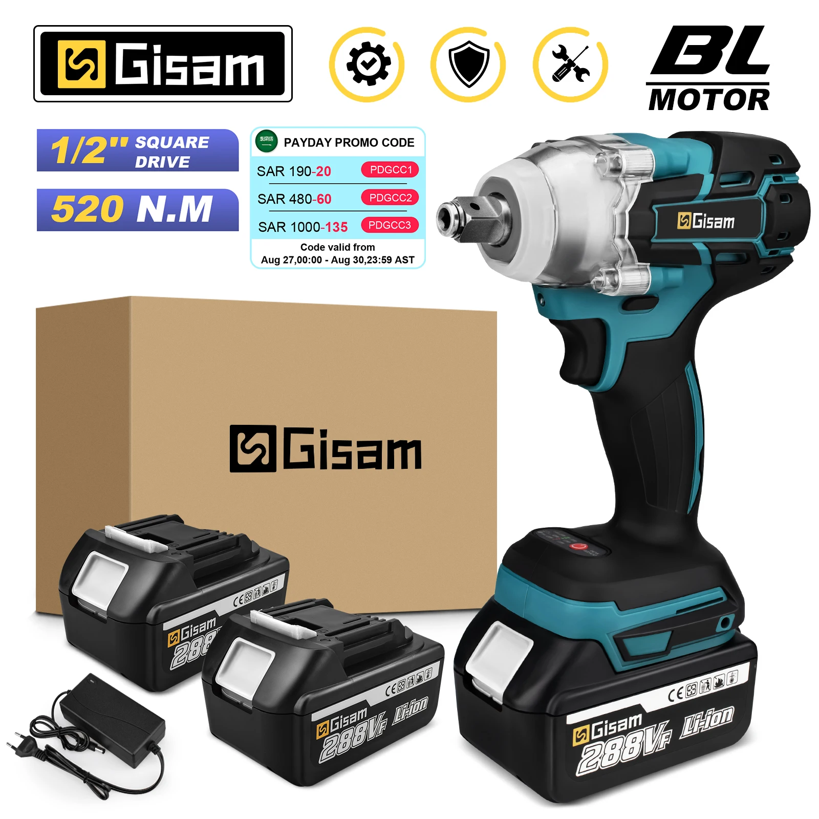 Gisam-ブラシレス電動インパクトレンチ、コードレス電動レンチ、マキタバッテリードライバー、電動工具、18v、520 nm、1/2"