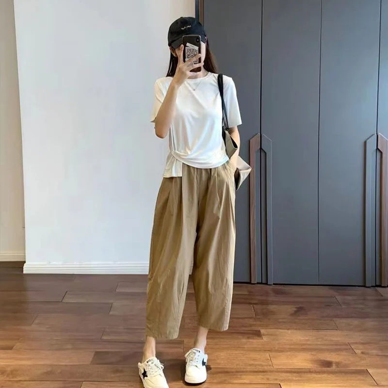 Casual Thin Wide Leg Cropped Pants for Women's Summer New Loose Slimming Meat Covering High Waist Comfort Solid Color Trousers