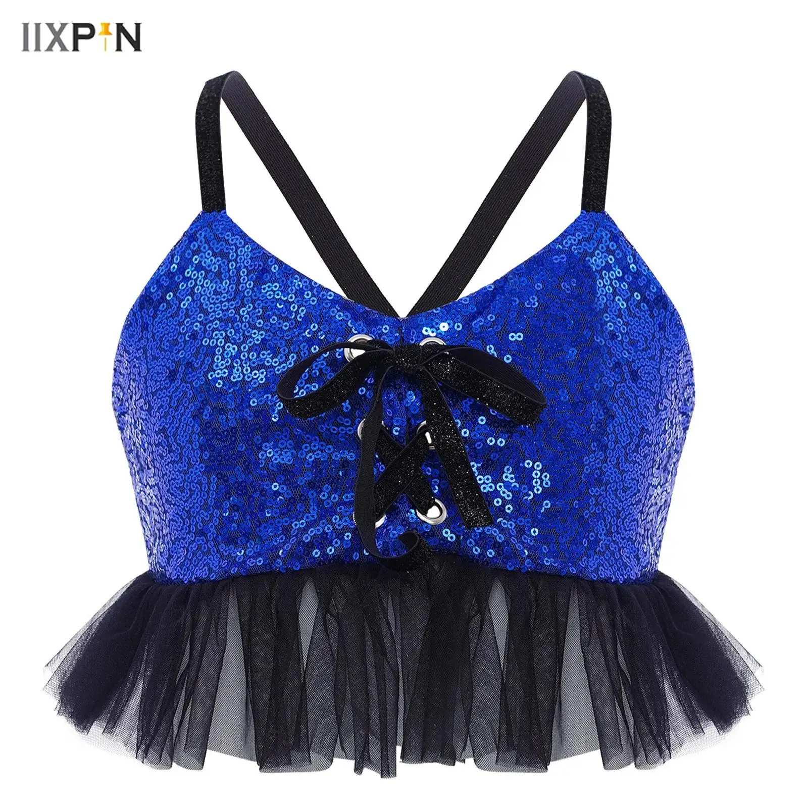 

Kids Girls Camisole Top Jazz Latin Dance Performance Costume Spaghetti Straps Glittery Sequins Tulle Ruffles Crop Top Dancewear