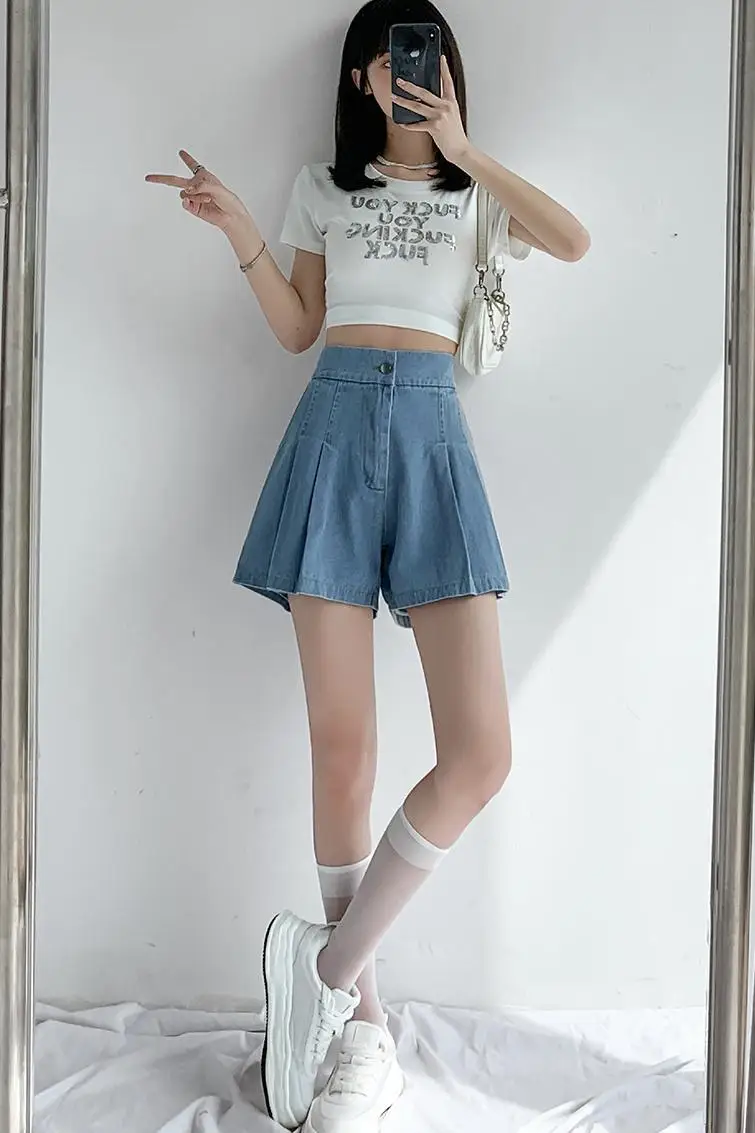 High Waist Wide Leg Jeans Women Oversize Elastic Waist Pleated Blue Denim Shorts Pocket Skirt Casual Shorts Skirts Clothing New