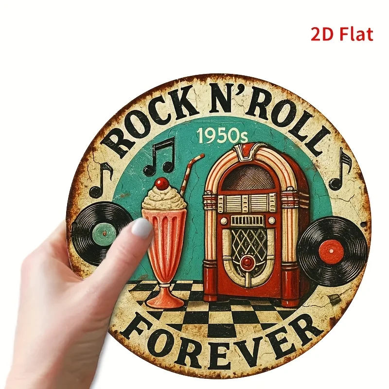 2D Flat, Vintage 1950s Rock 'n' Roll Metal Wall Art - Retro Jukebox with Vintage Car, 50s Music Icons (1950-1959), Aluminum Wall