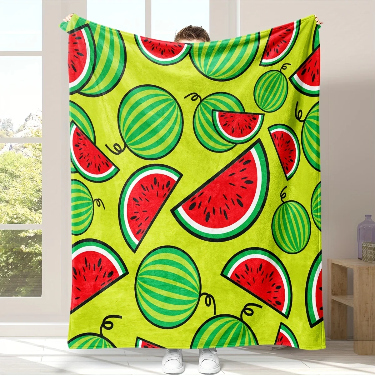 Cartoon Watermelon Fruit Flannel Throw Blanket, Bright Green Summer Slice Print Soft Warm Blanket for Sofa Bedroom Home Decor