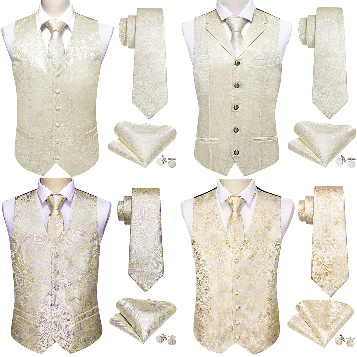 Mens\'s Suit Vest Gold Yellow Paisley Sold Flower Embroidered Waistcoat Tie Hanky Formal Sleeveless Jacket Barry Wang