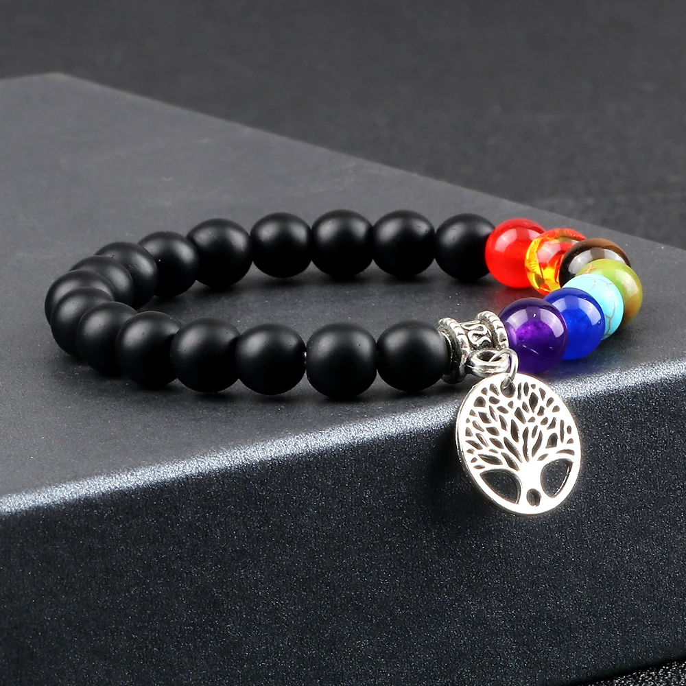 Браслет с 7 бусинами в виде чакр, модный браслет с бусинами и деревом жизни, медитация рейки, ювелирные изделия для женщин и мужчин, эластичный браслет для молитвы на удачу