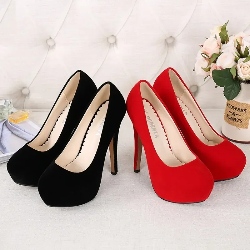 Women Pumps Fashion Flock Womens Sandals 14cm Platform Wedding Pumps Casual Thin Heels Womens Shoes