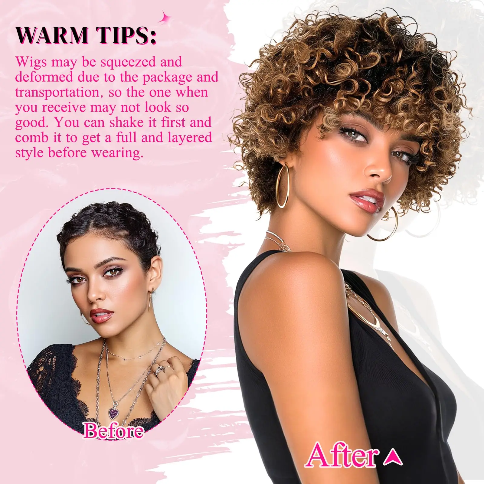 شعر مستعار مجعد بقص عابث للنساء ذوات البشرة السمراء، شعر بشري قصير مع غرة، شعر مستعار ريمي مصنوع آليًا بمظهر طبيعي للاستخدام اليومي