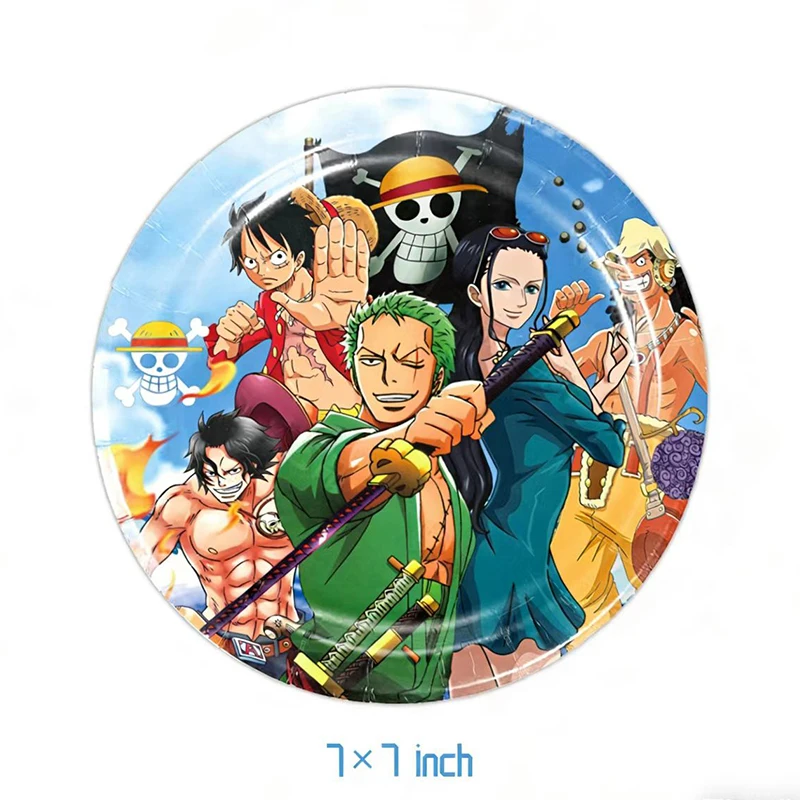 Zestaw dekoracji na przyjęcie urodzinowe w stylu One Piece: papierowe naczynia jednorazowe, kubki, talerze, serwetki, akcesoria imprezowe, breloczki, bransoletki do torebek. — zdjęcie 4