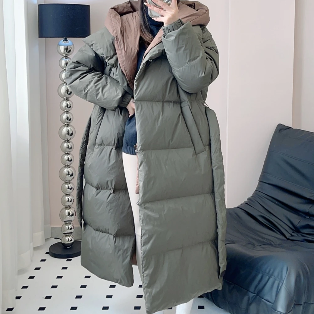 Women\'s Adjustable Waist Coat 90% White Duck Down Jacket Fashion Fake Two-piece Down Jacket Detachable Hooded Warm Loose Parka