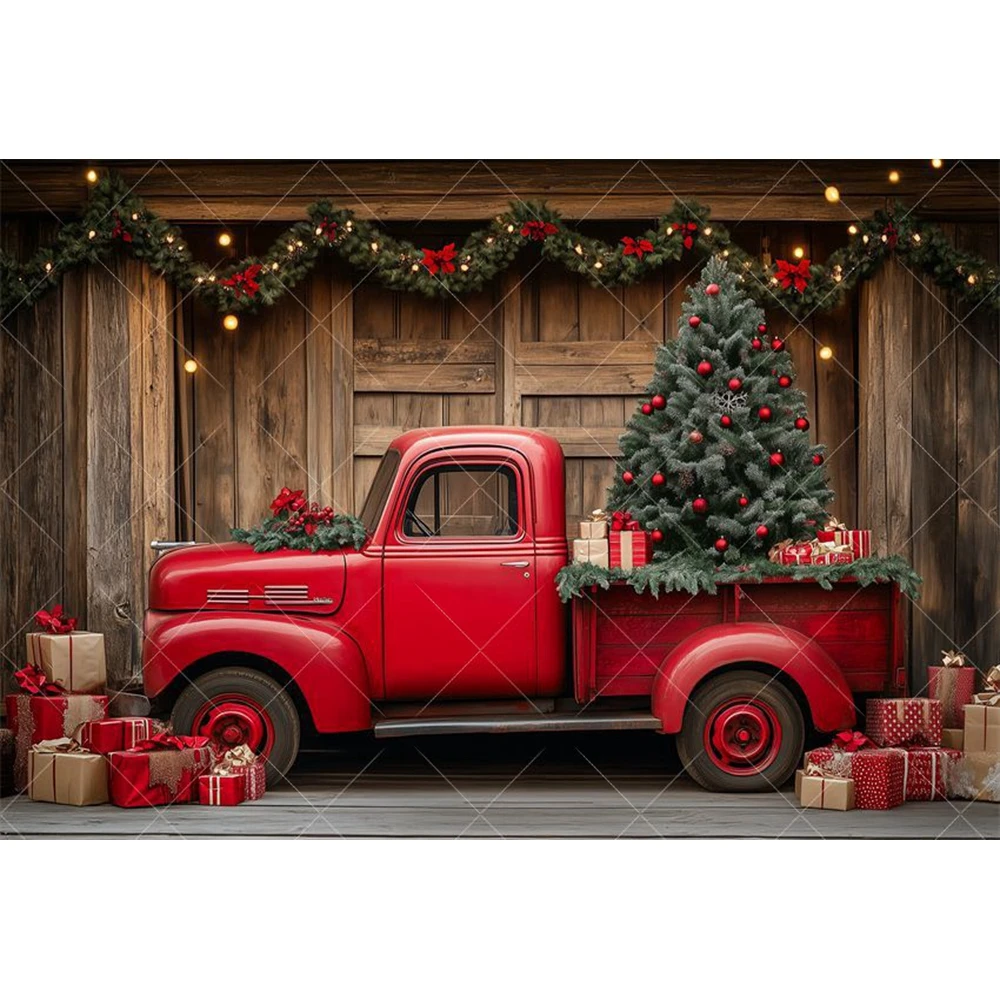 Winter Christmas Vintage Truck Photography Background Night Snow Wooden Wall XMAS Tree Baby Portrait Indoor Shoot Backdrop Decor