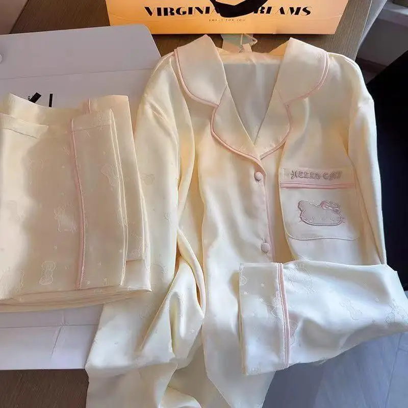 

Новый женский пижамный комплект из двух предметов: пижама с длинными рукавами и брюками для девочек, весна-осень, с отложным воротником, для дома, модный, мягкий, милый, для студенток