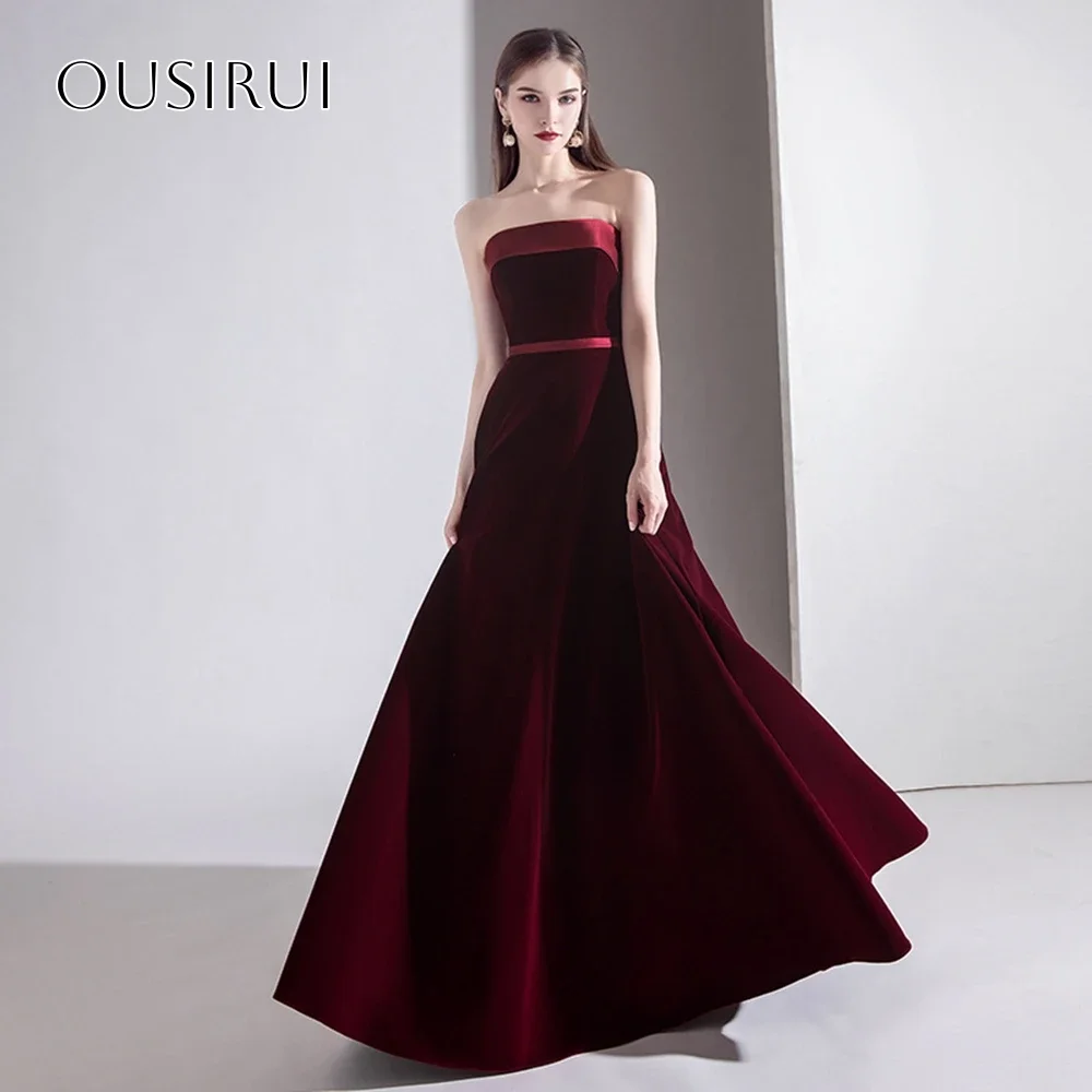 

Strapless Velvet A-line Prom Dress Sleeveless Floor Length Corset Back Party Dress Customized شارون سعيد فساتين
