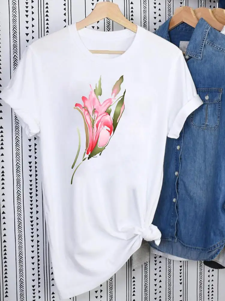 Flower Watercolor Lovely Fashion Clothing Print T-shirts Women Casual Female Short Sleeve Ladies T Clothes Graphic Tee